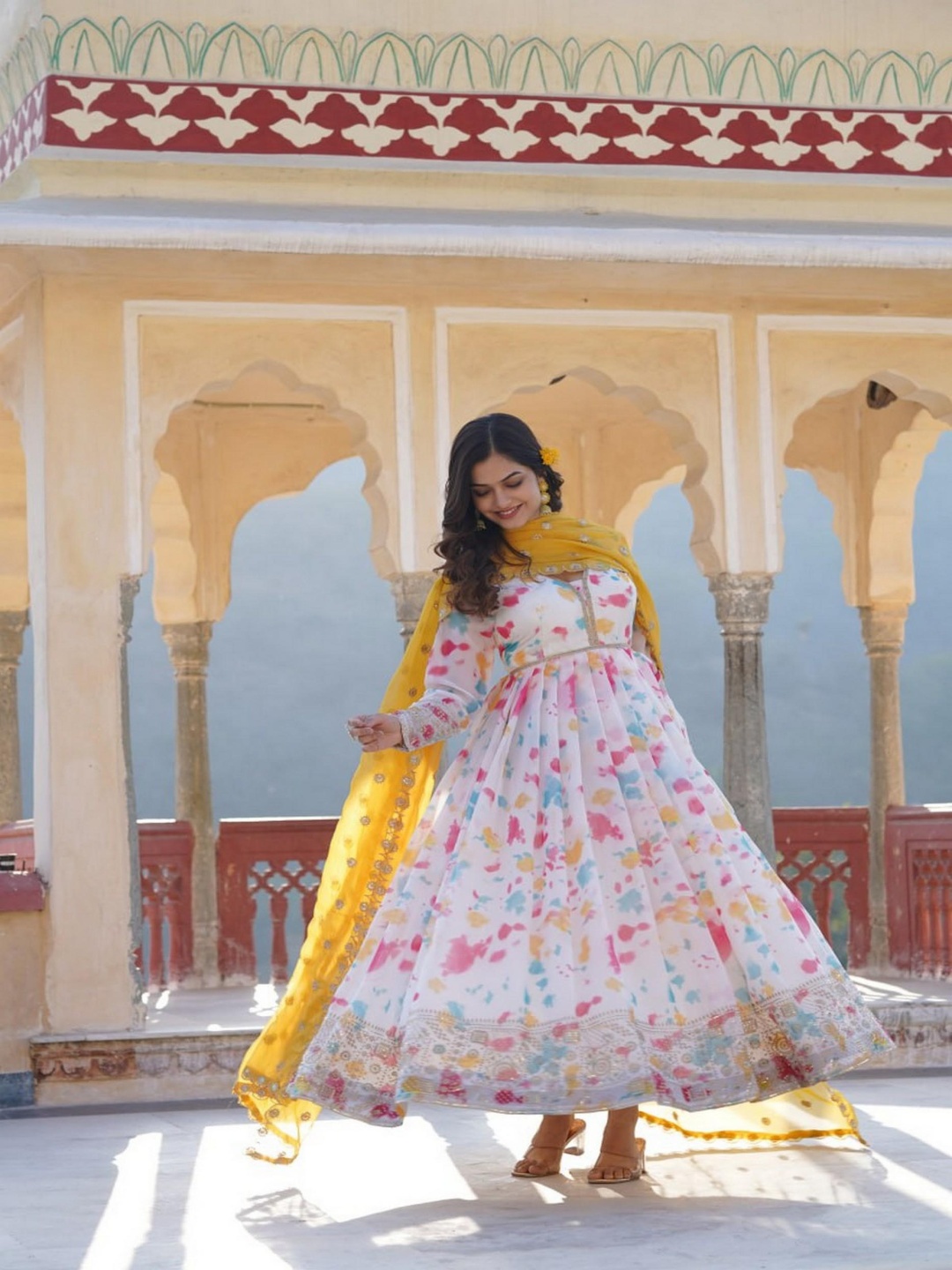 

mimi design Abstract Printed Organza Anarkali Kurta With Trousers & Dupatta, White