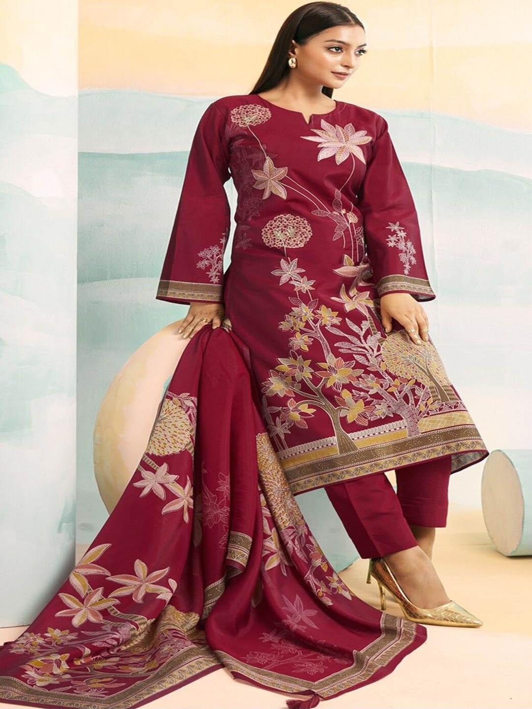 

DRAVINAM Trends Floral Embroidered Pure Cotton Unstitched Dress Material, Maroon