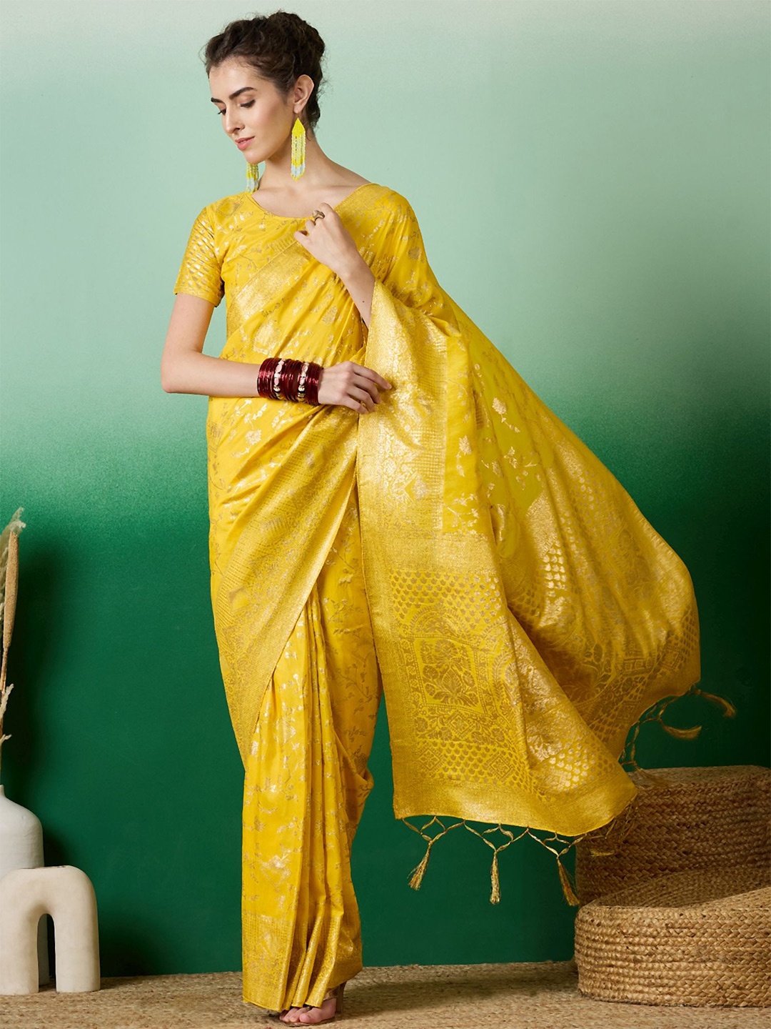 

Mitera Woven Design Zari Banarasi Saree, Yellow