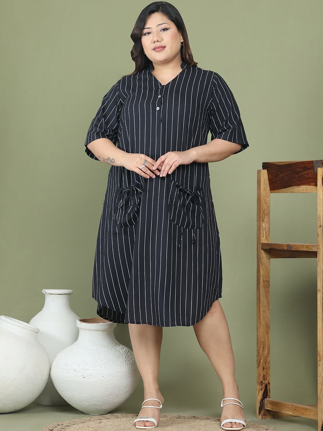 

theRebelinme Striped A-Line Midi Dress, Black