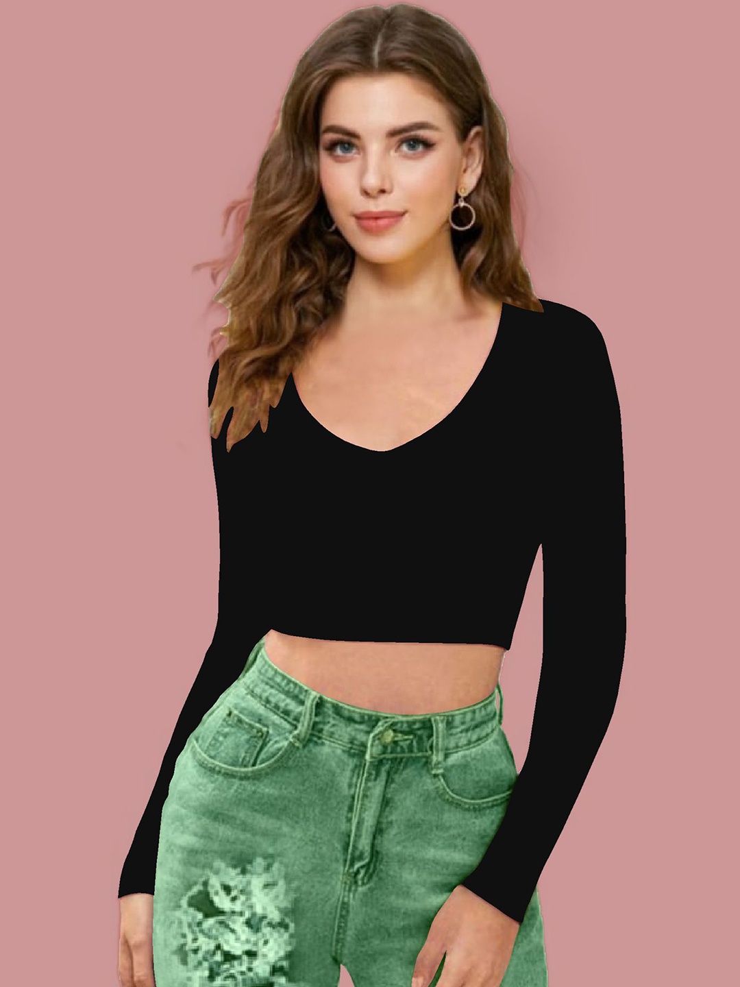 

Dream Beauty Fashion Women V-Neck Long Sleeves Fitted Crop Top, Black