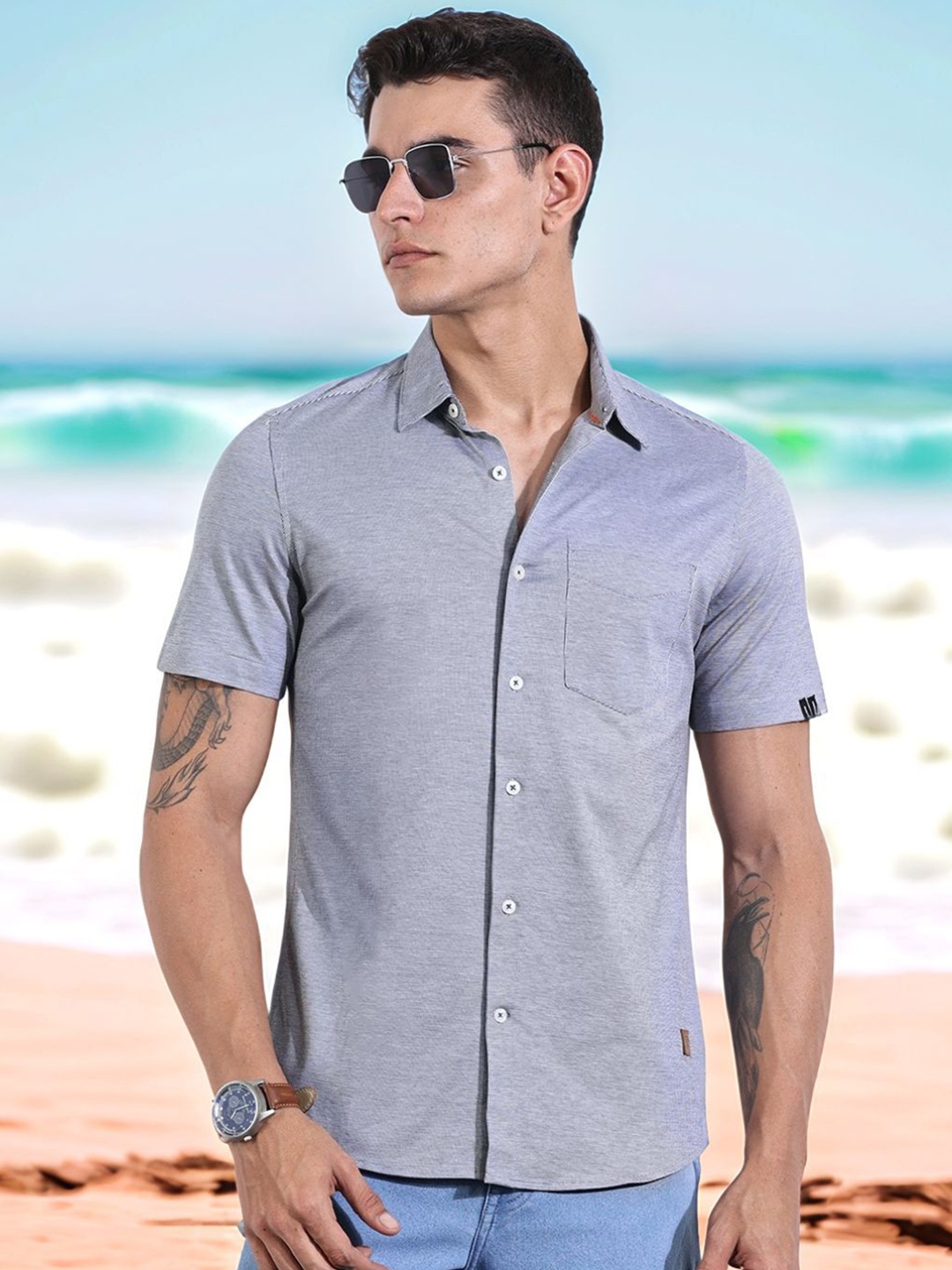 

Thomas Scott Men Classic Fit Spread Collar Geometric Printed Cotton Casual Shirt, Grey