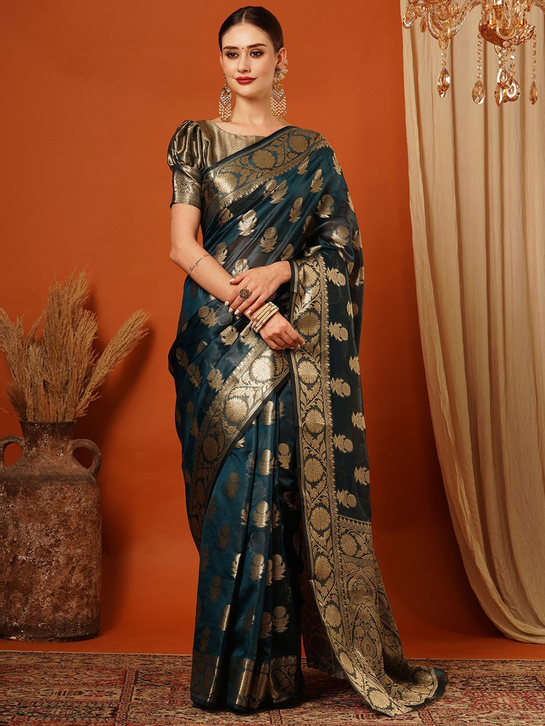 

VILLAGIUS Woven Design Zari Pure Silk Banarasi Saree, Teal