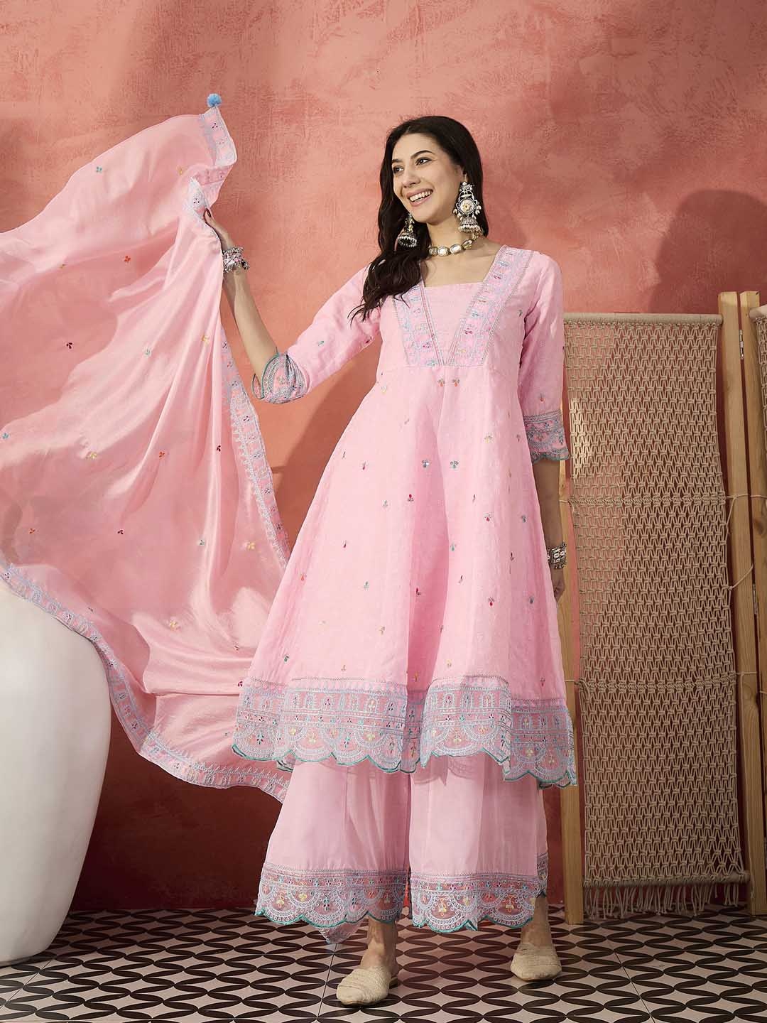 

Ramas Floral Embroidered Sequinned Pure Cotton Anarkali Kurta With Palazzos & Dupatta, Pink