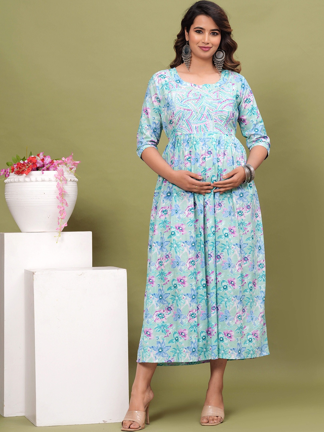

mad fury Women Floral Printed Maternity Cotton Fit and Flare Dress, Blue