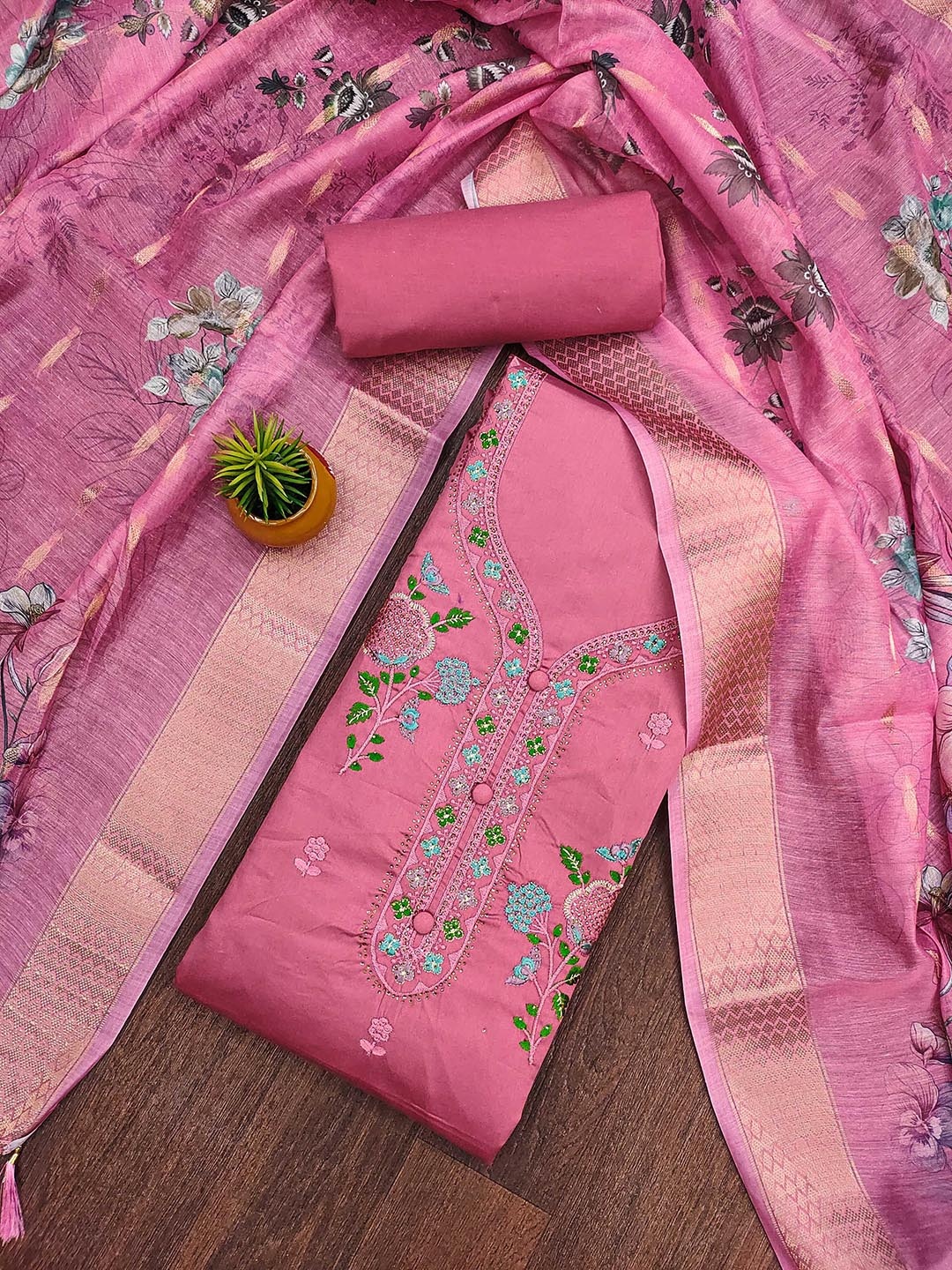 

Maroosh Floral Embroidered Stones Studded Cotton Unstitched Dress Material, Pink