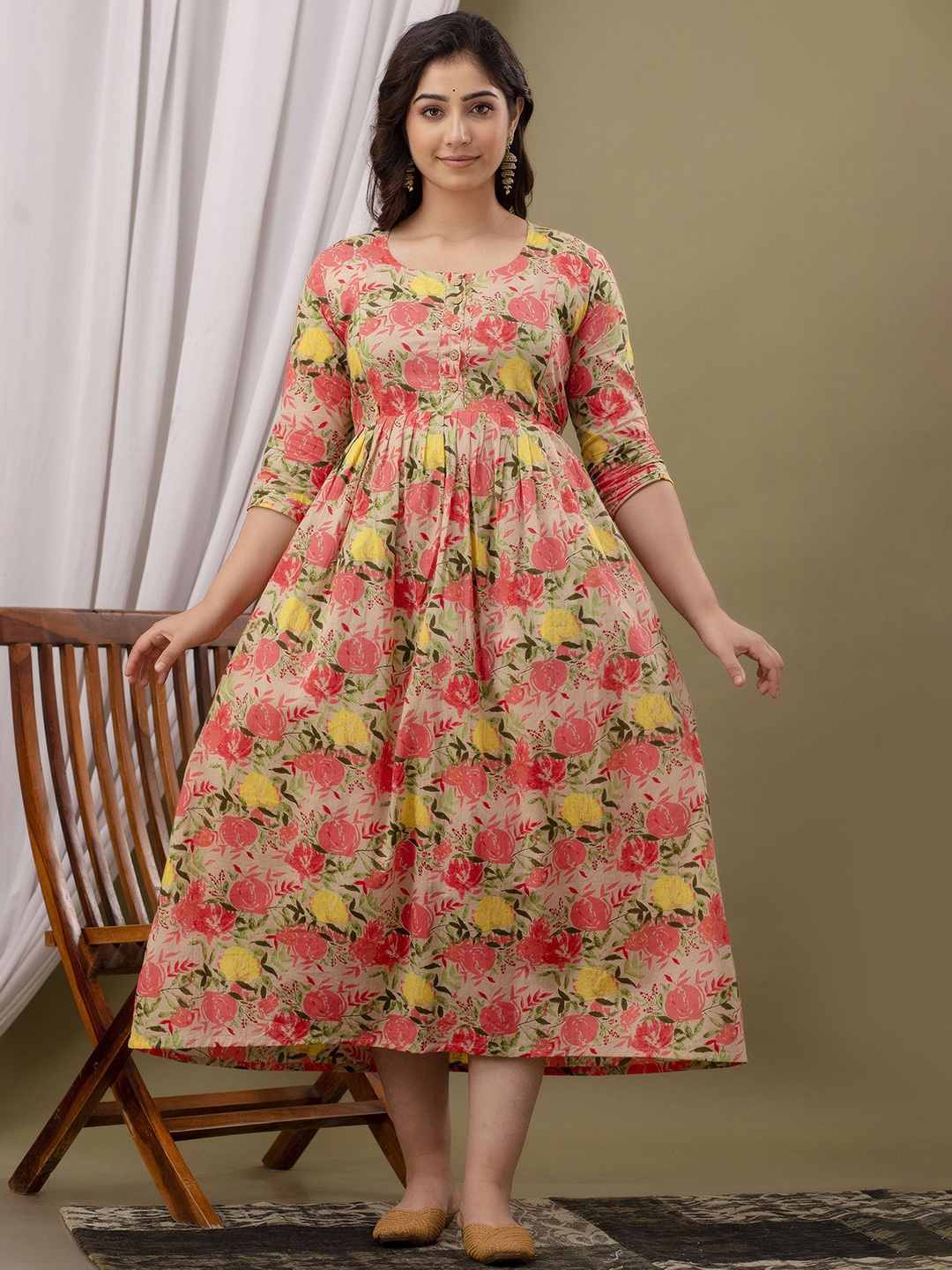 

FEMARY Women Cotton Floral Printed Maternity Fit and Flare Midi Dress, Red