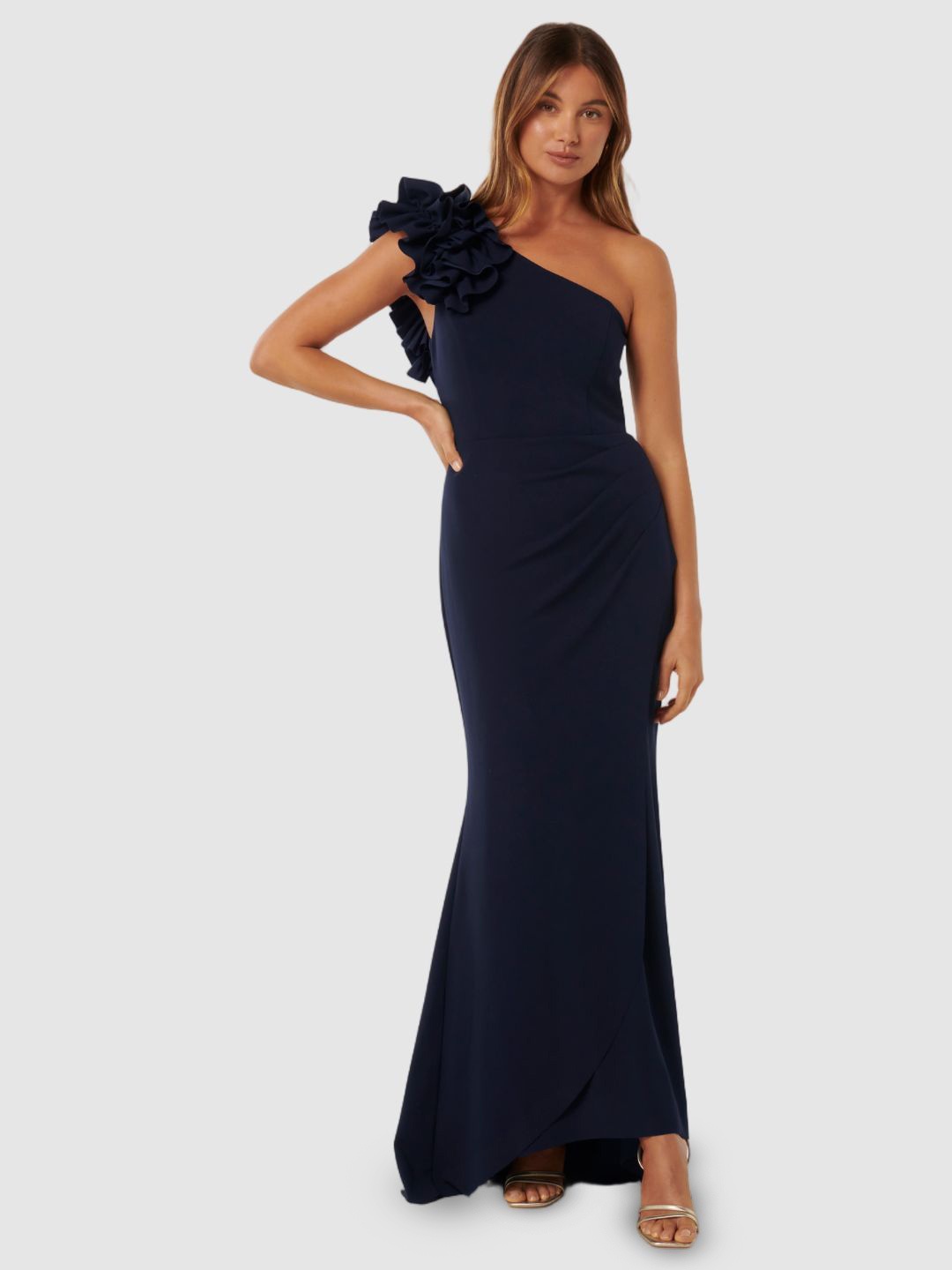 

Forever New One Shoulder Ruffled A-Line Maxi Dress, Blue