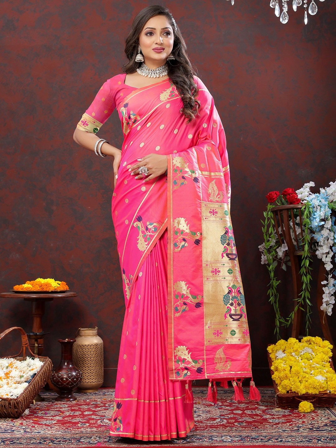 

LeeliPeeri Designer Woven Design Zari Silk Blend Paithani Saree, Pink