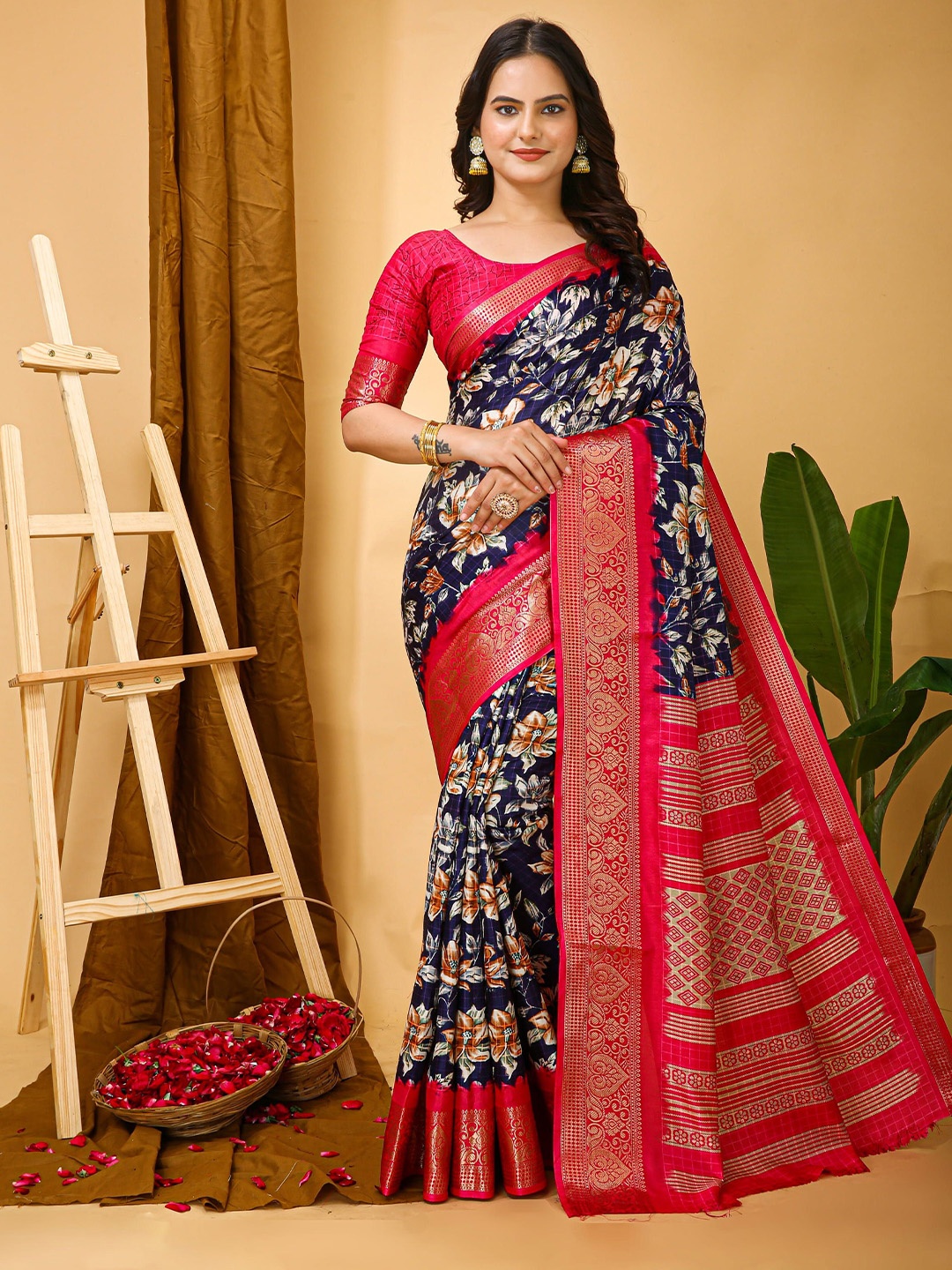 

KAYOMMI Floral Zari Banarasi Saree, Blue