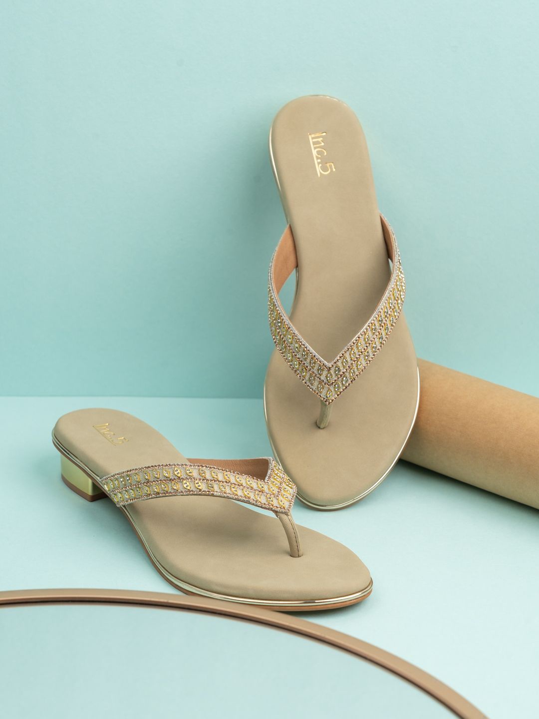 

Inc 5 Women Embellished Ethnic T-Strap Flats, Gold