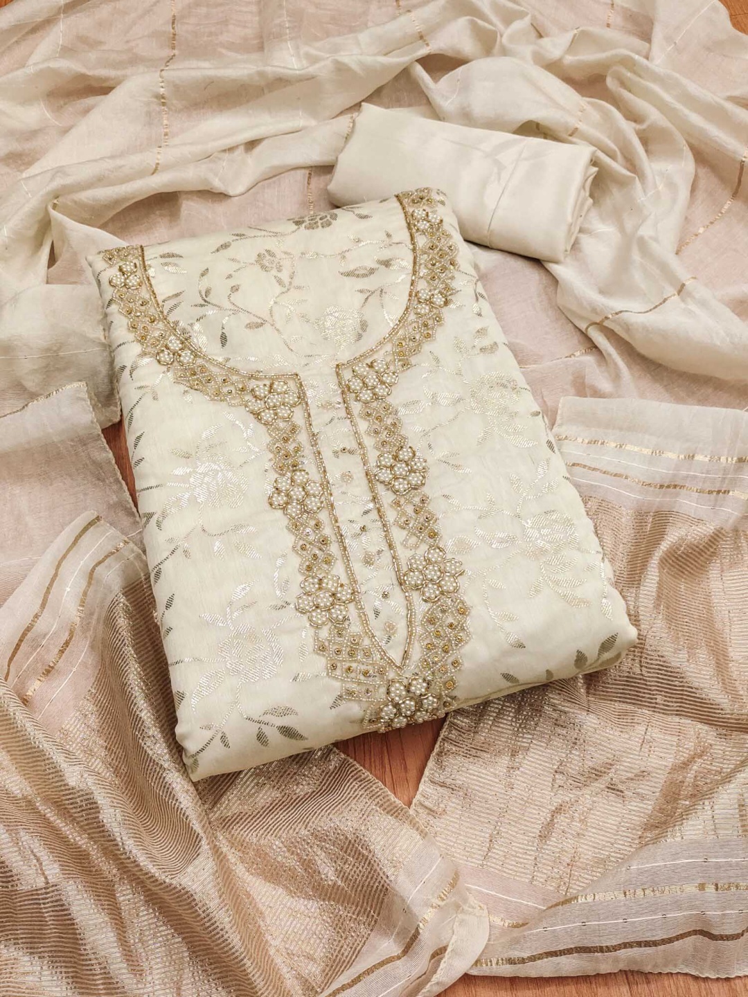 

Panzora Floral Embellished Silk Blend Unstitched Dress Material, Off white