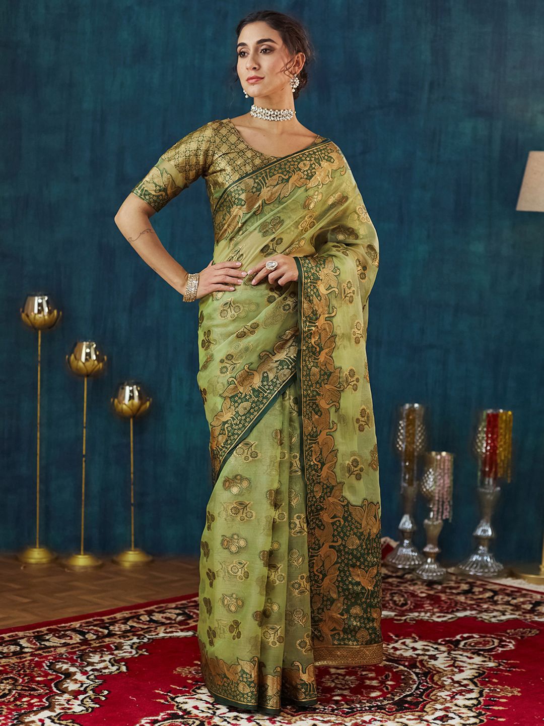 

Satrani Woven Design Organza Saree, Green