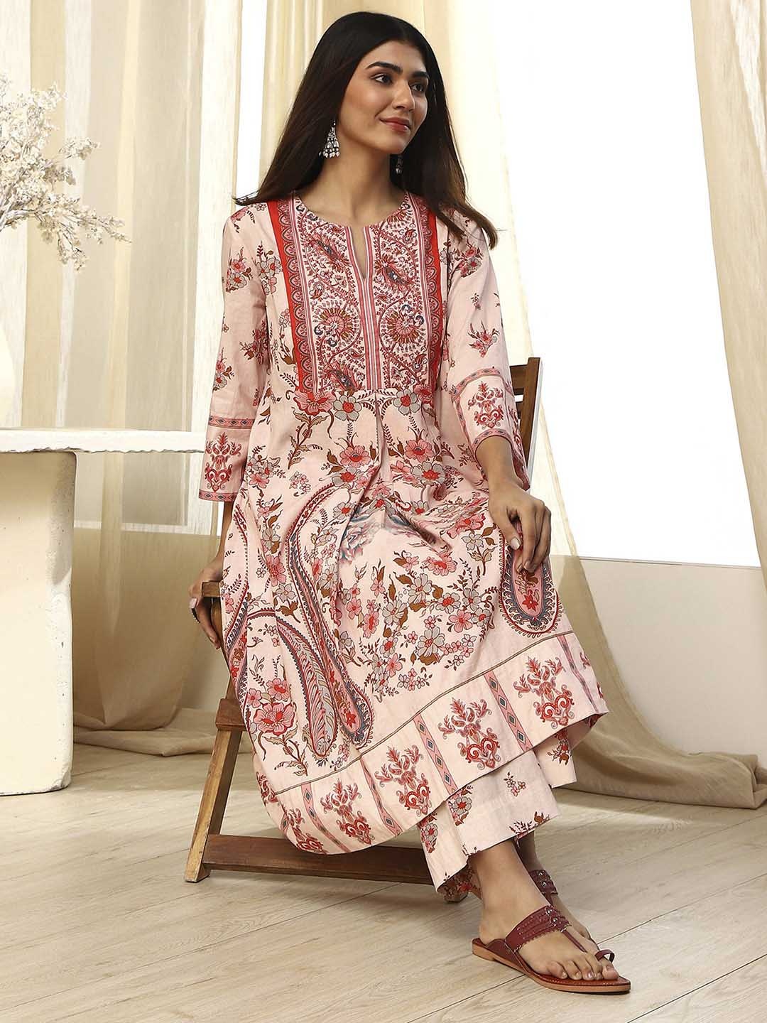 

Biba Women Floral Printed Regular Pure Cotton Kurta with Palazzos, Peach