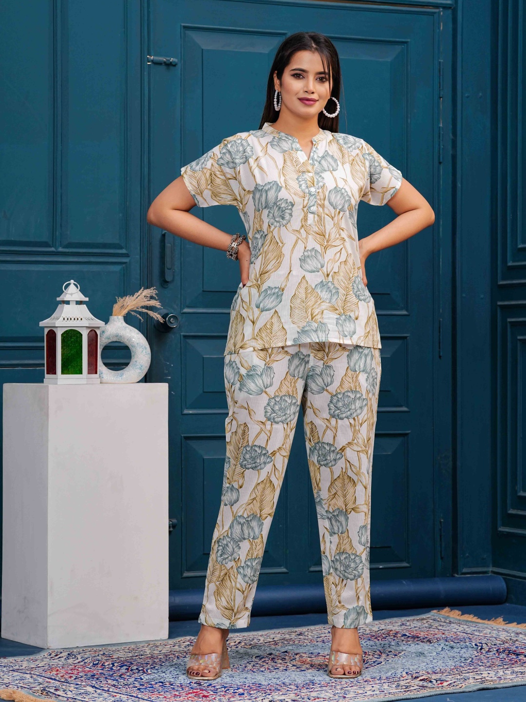 

NNAVDHA Printed Pure Cotton Top With Trousers Co-ords, Off white