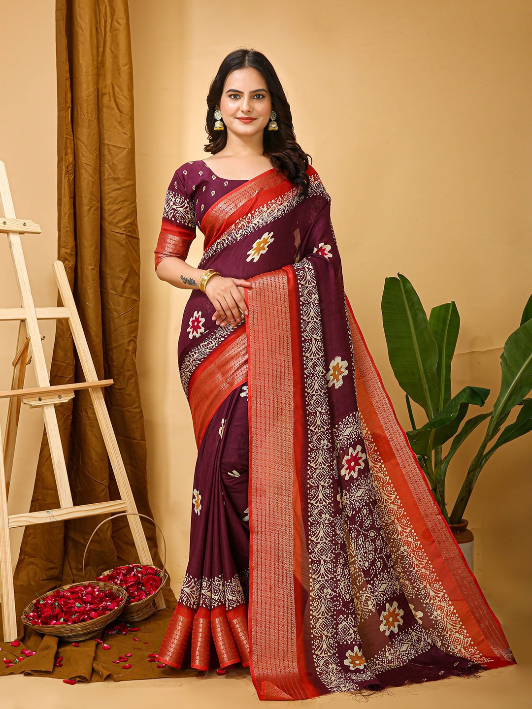

KAYOMMI Floral Printed Zari Banarasi Saree, Purple