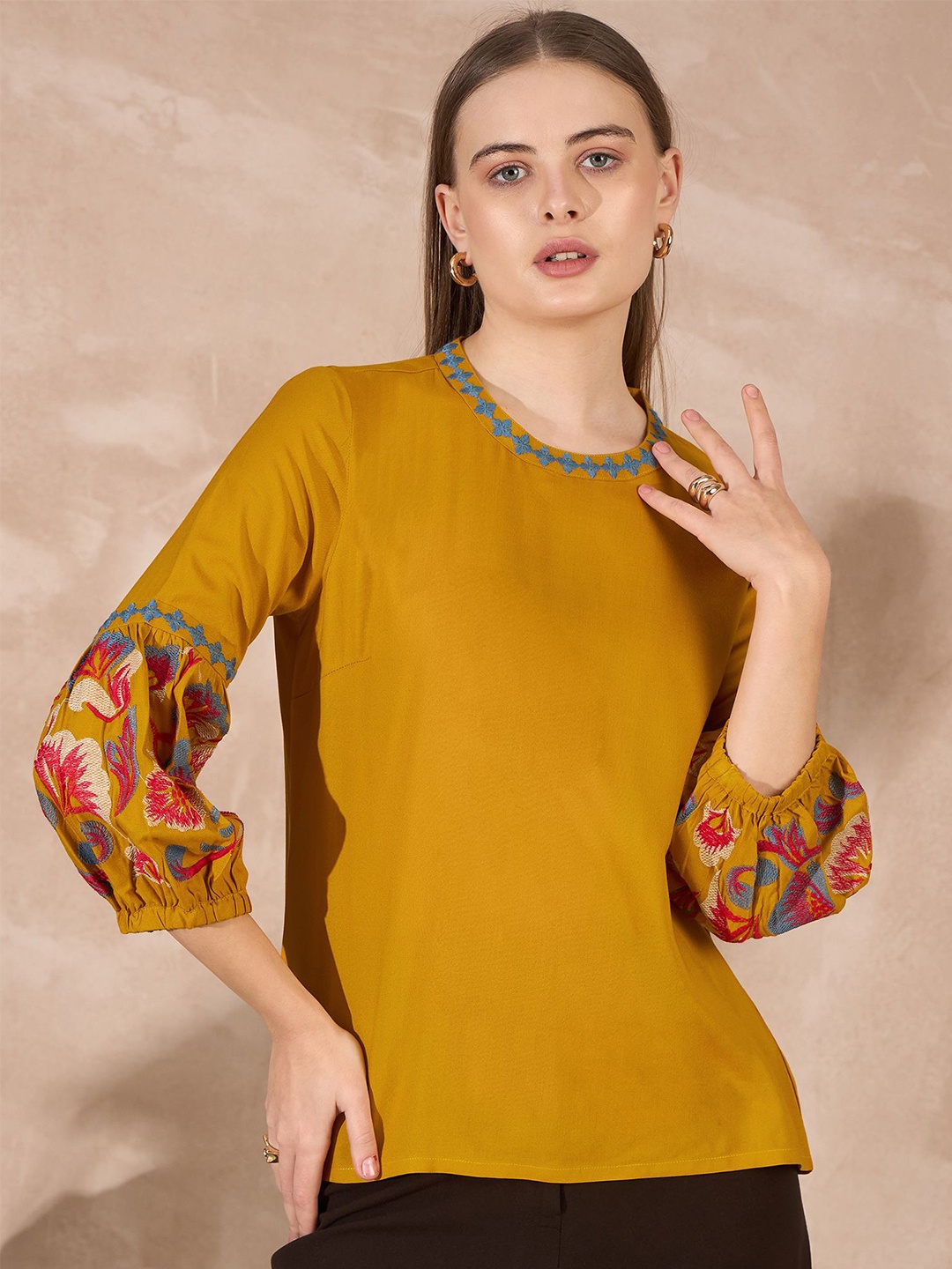 

all about you Women Floral Embroidered Puff Sleeves Top, Yellow