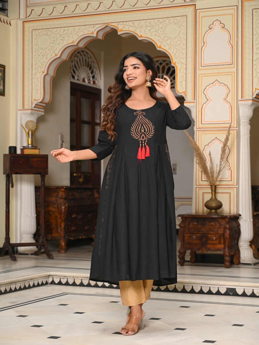 

Moda Rapido Ethnic Motifs Printed Block Printed A-line Kurta, Black