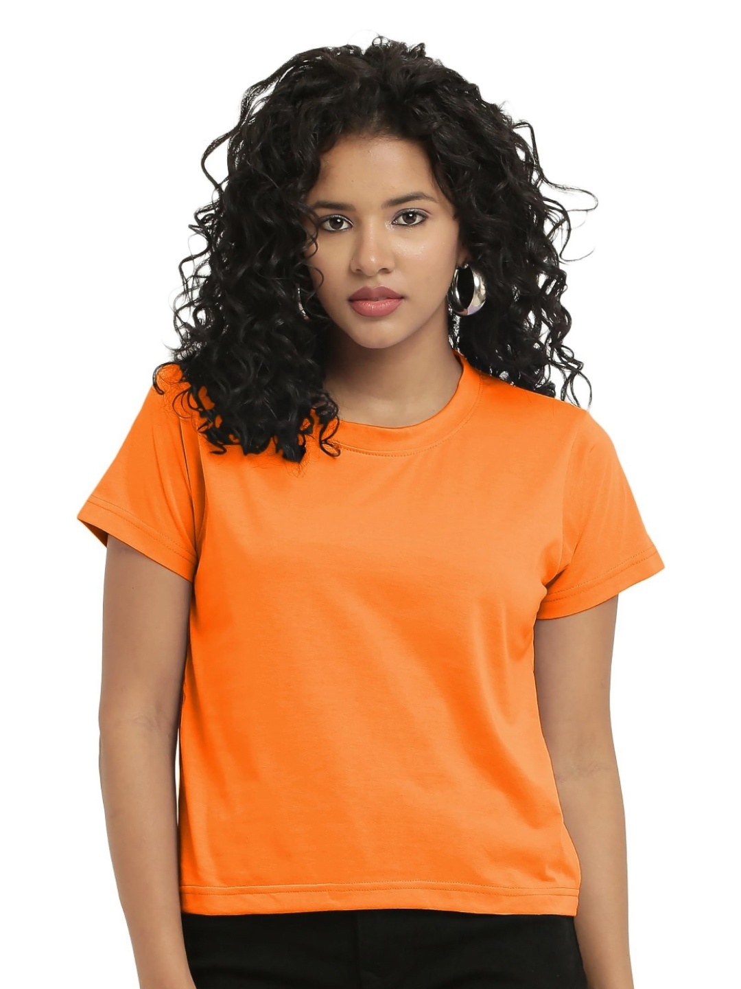 

NOTWILD Women Solid Round Neck Cotton T-shirt, Orange