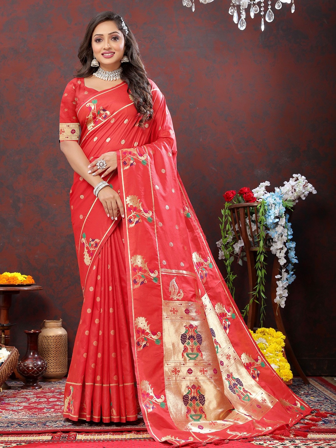 

LeeliPeeri Designer Woven Design Zari Silk Blend Paithani Saree, Red