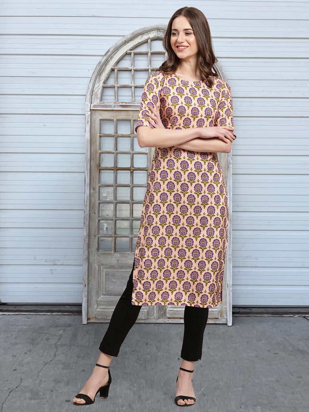 

Moda Rapido Ethnic Motifs Printed Round Neck Straight Kurta, Cream