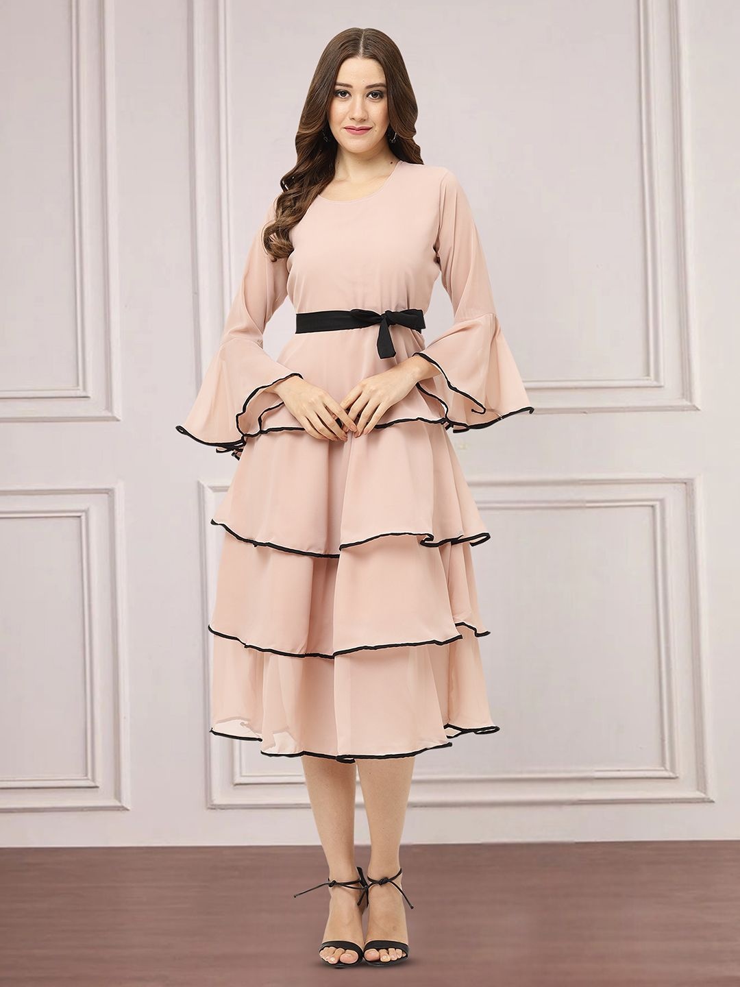 

MISS AYSE Women Bell Sleeve Layered Fit & Flare Midi Dress, Peach