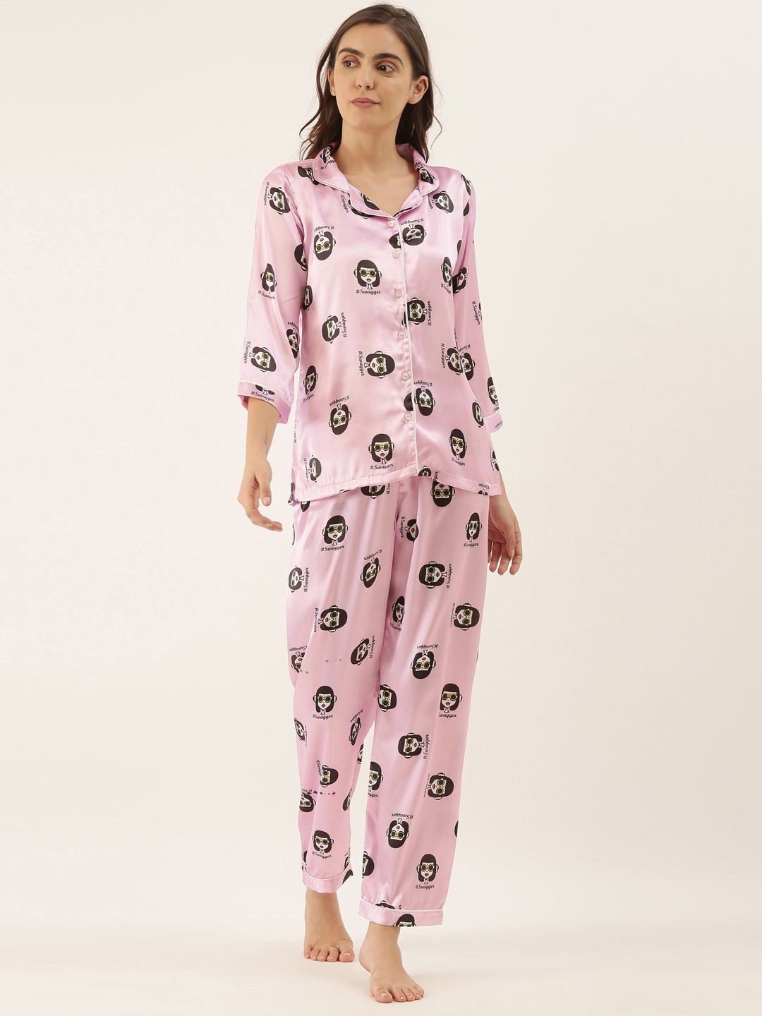 

Bannos Swagger Women Satin Printed Night suit, Pink