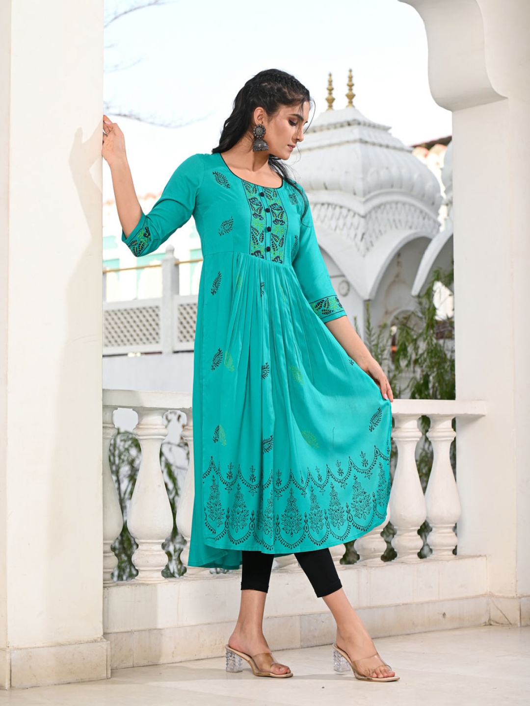 

Moda Rapido Floral Printed Pleated A-Line Kurta, Turquoise blue