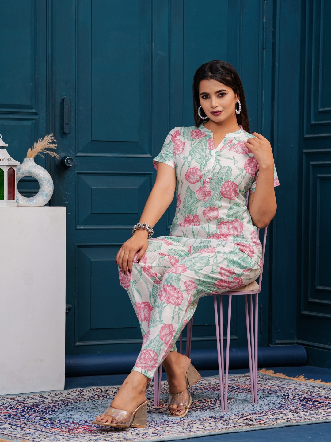 

NNAVDHA Printed Pure Cotton Top With Trousers Co-ords, Off white