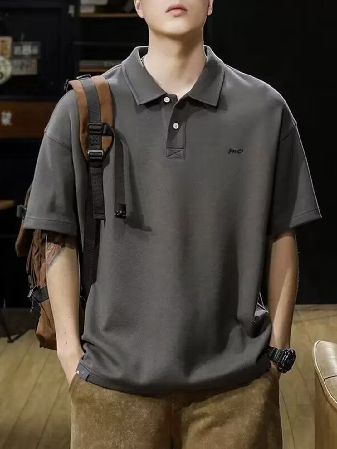 

StyleCast Men Solid Polo Collar Silk Oversized T-shirt, Grey