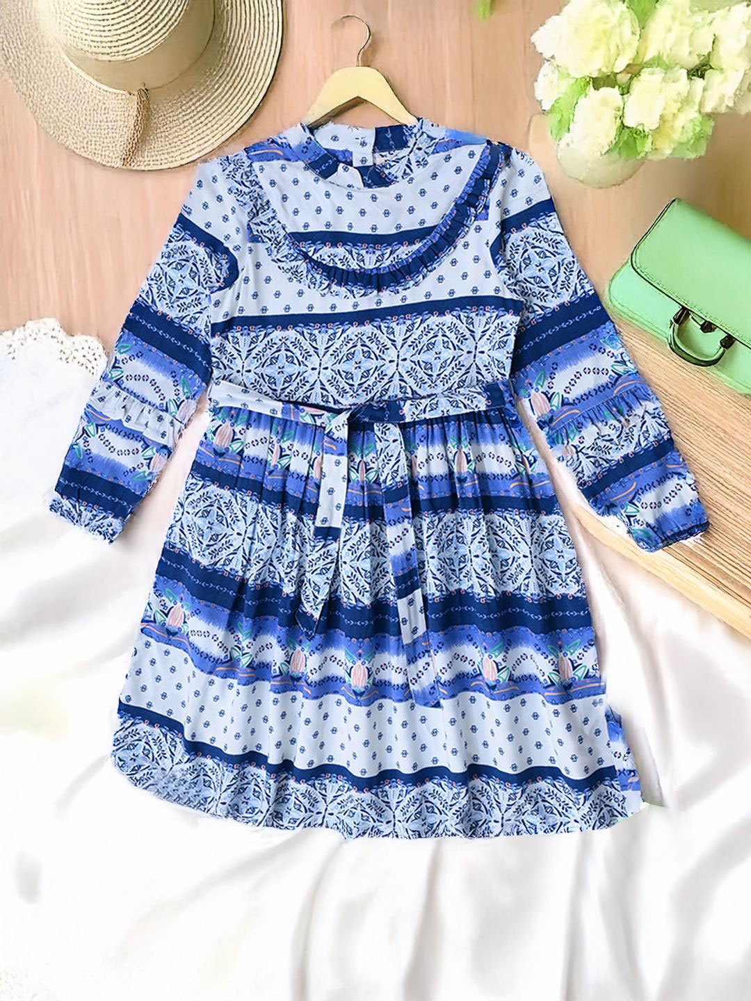 

Bella Moda Girls Ethnic Motifs Printed Cotton Fit and Flare Dress, Blue
