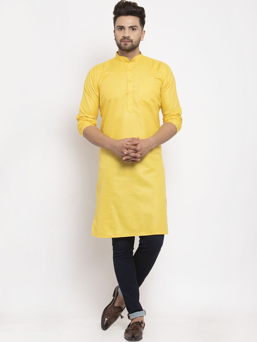 

Kaifoo Band Collar Long Sleeves Straight Kurta, Yellow