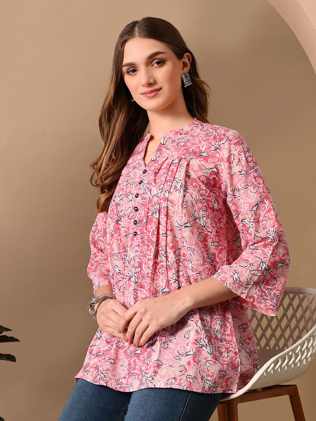 

Dipani Women Ethnic Printed Mandarin Collar Tunics, Pink