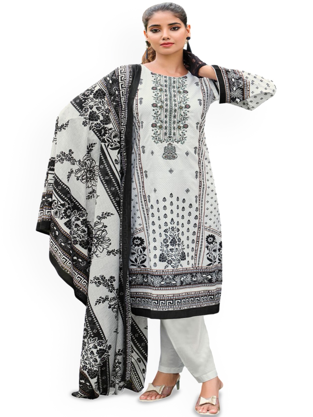

DRAVINAM Floral Embroidered Pure Cotton Unstitched Dress Material, White