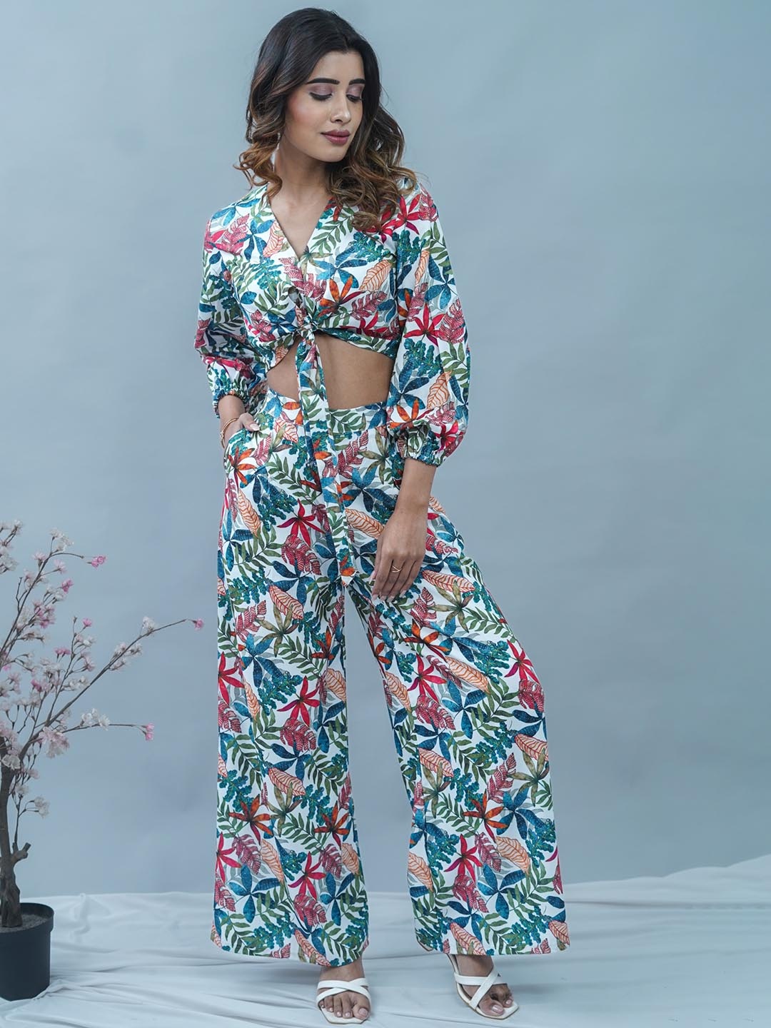 

GO BOUJEE Floral Printed V-Neck Crop Top And Palazzos, White