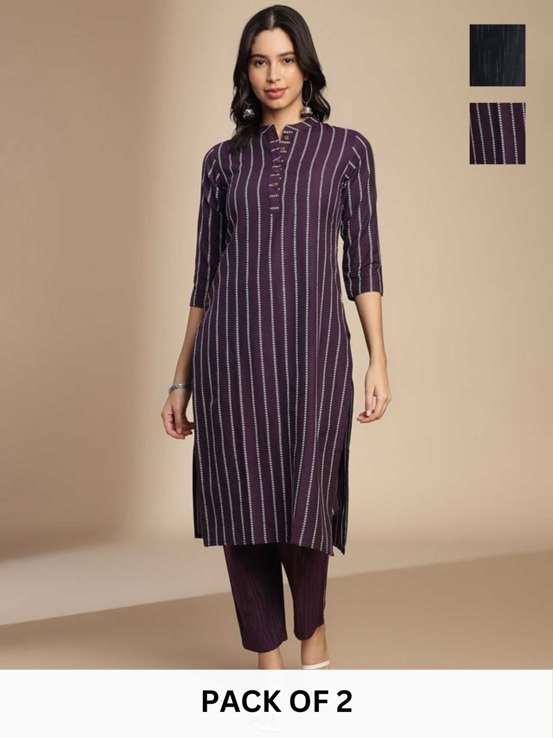 

KALINI Selection Of 2 Striped Mandarin Collar Straight Kurtas, Violet