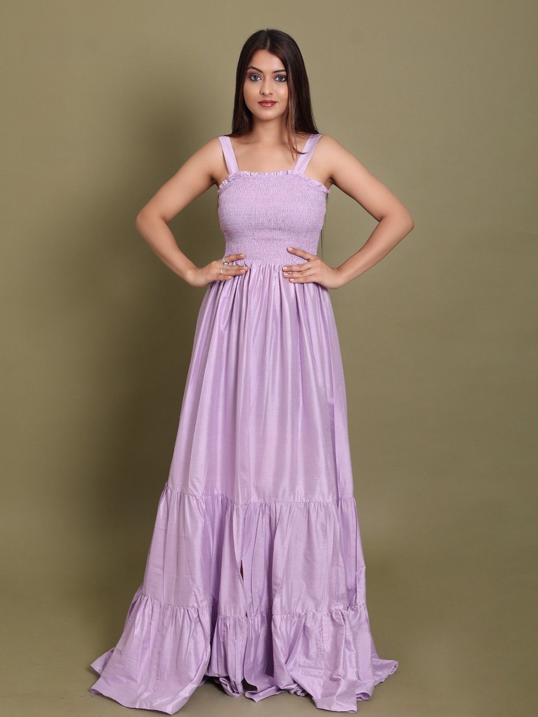 

DRESENCE Women Shoulder Straps Side Slits Cotton Fit & Flare Maxi Dress, Lavender
