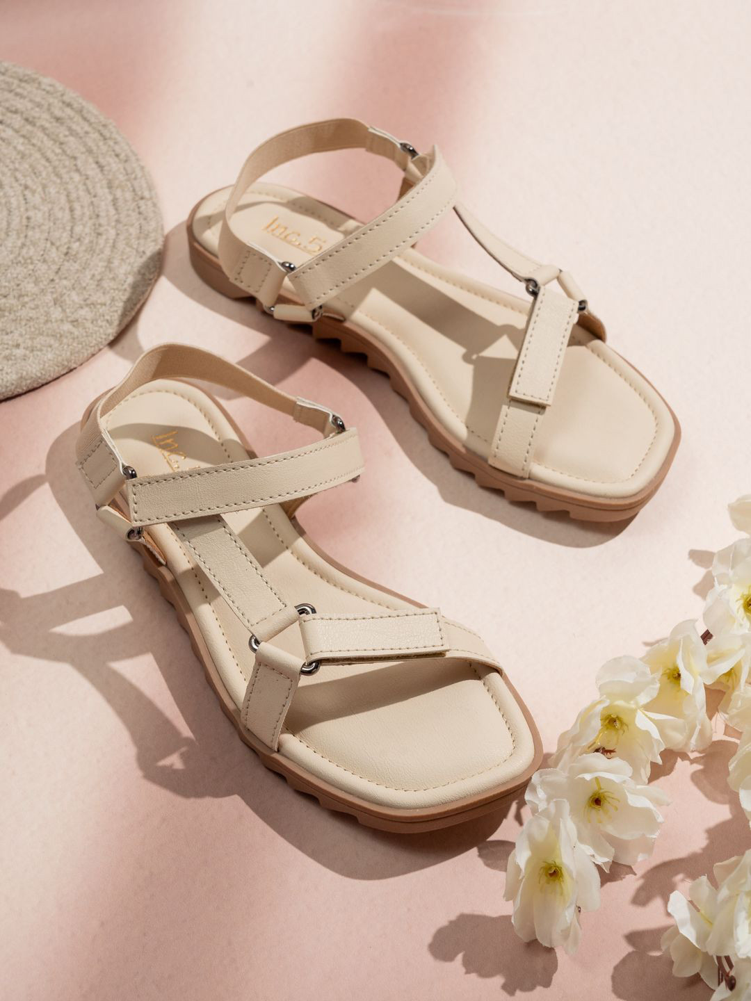

Inc 5 Women Party Open Toe Flats with Buckles, Cream