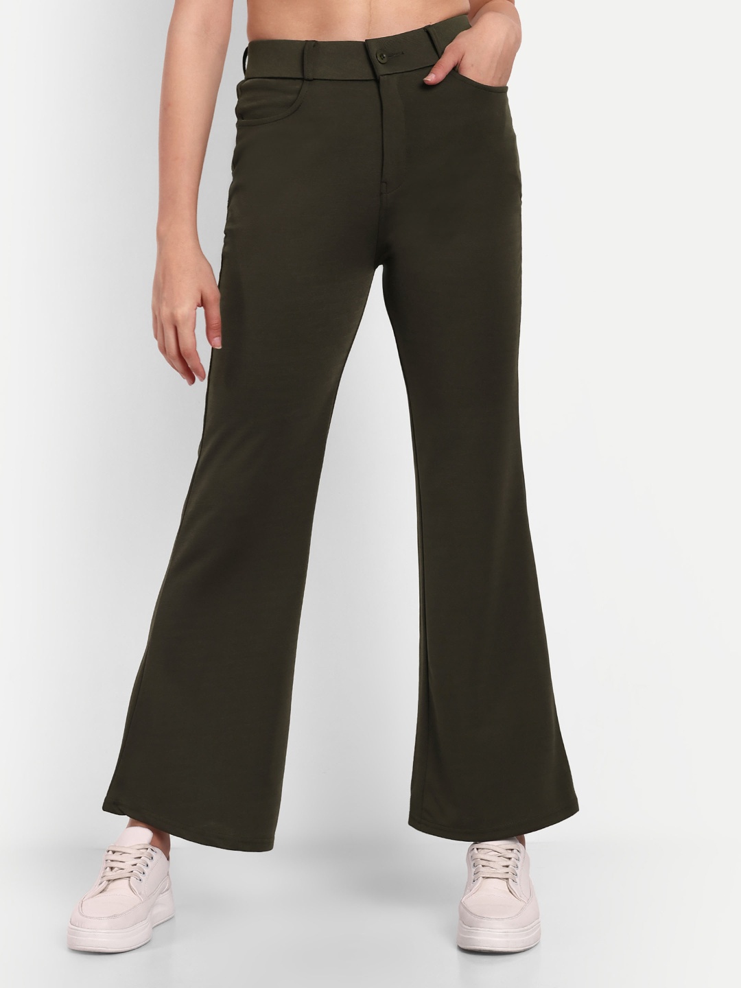 

Next One Women Smart Flared High-Rise Easy Wash Trousers, Olive