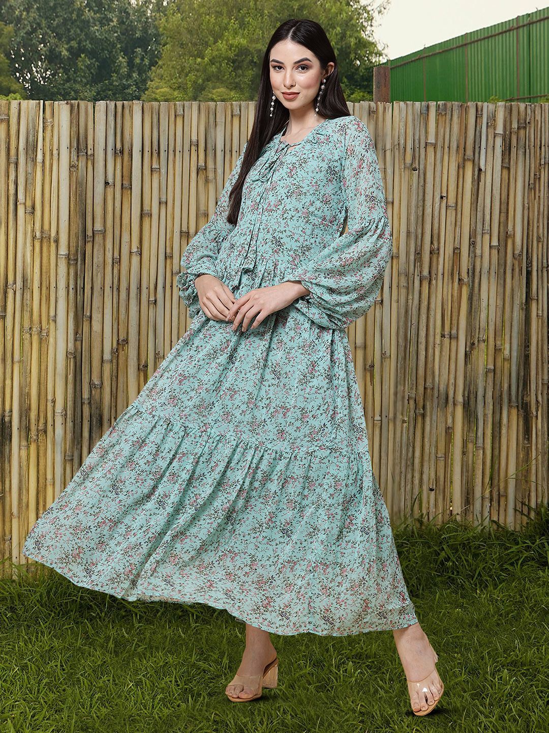 

MISS AYSE Women Floral Printed Tie-Up Neck Fit & Flare Dress, Blue