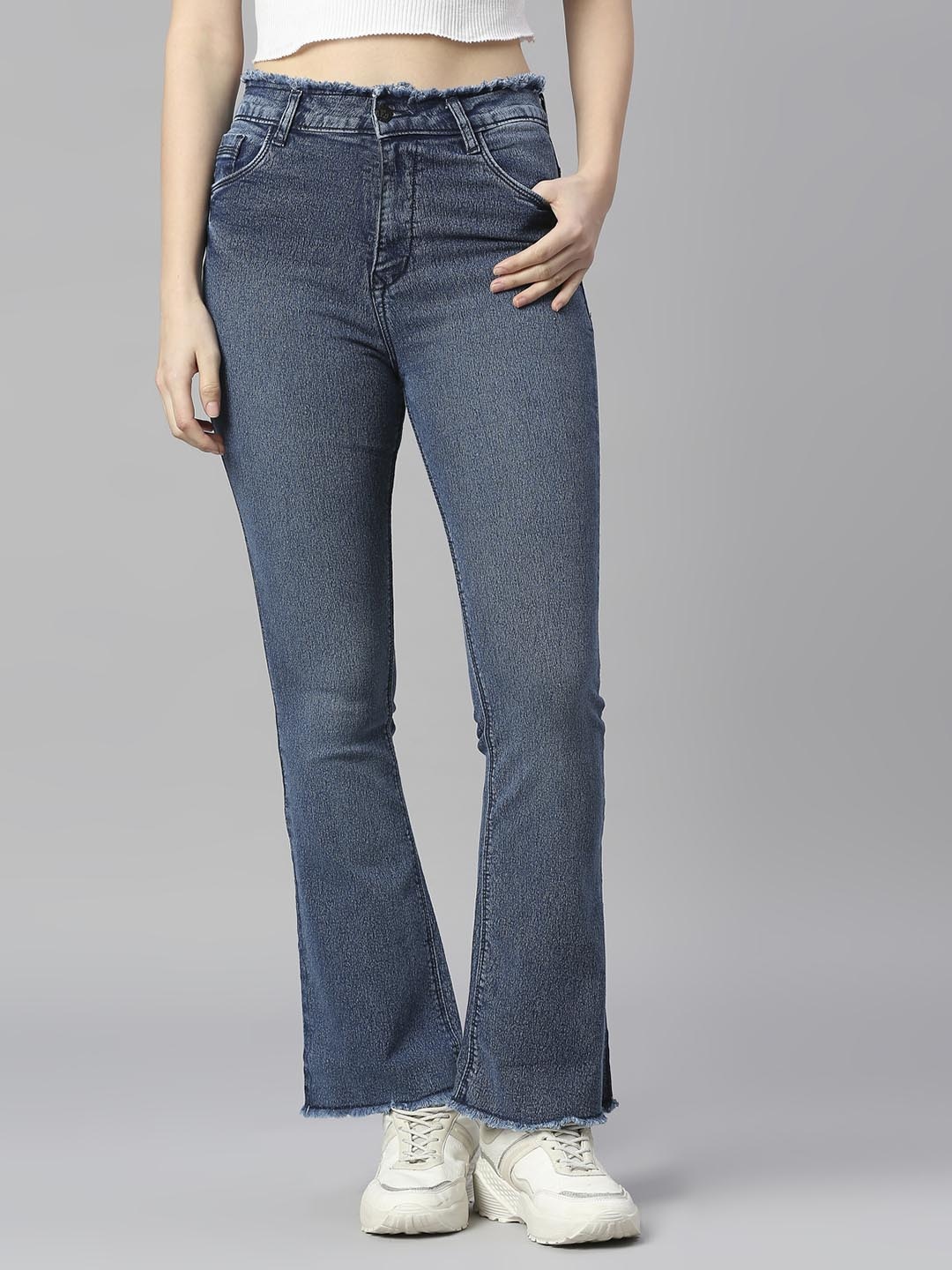 

Rea-Lize Women Bootcut High-Rise Light Fade Acid Wash Stretchable Jeans, Blue
