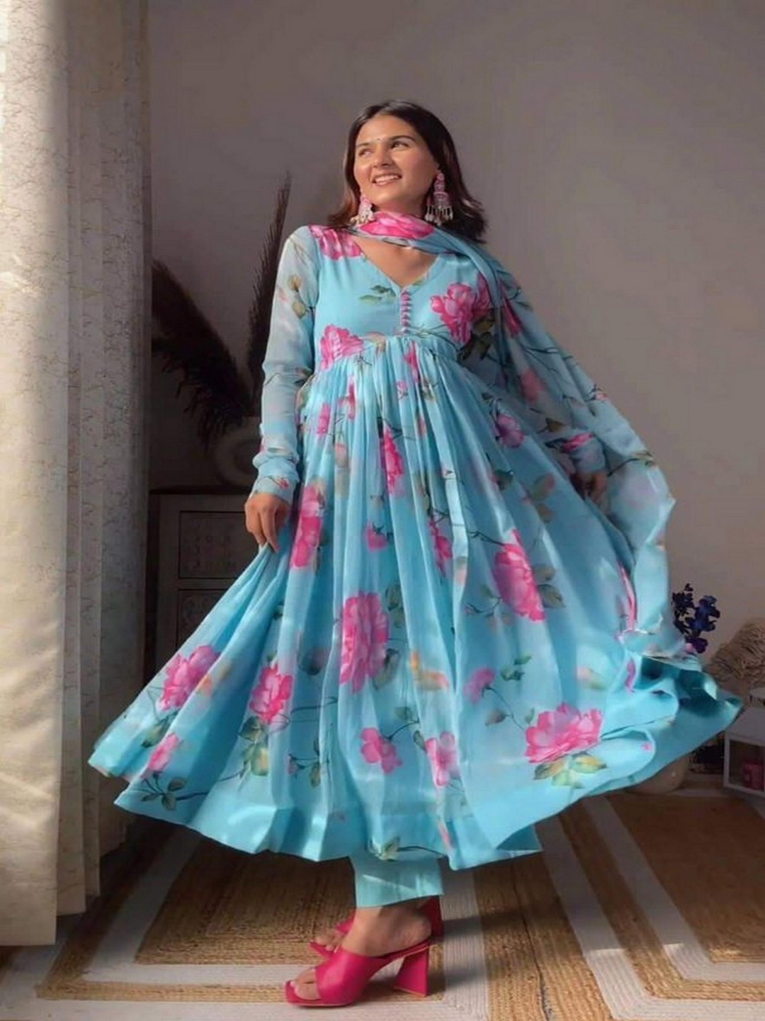 

ZEEPKART Women Floral Regular Kurta with Palazzos & With Dupatta, Teal