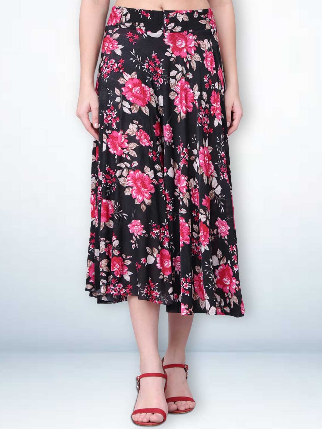 

Jinfo Women Floral Printed Flared Midi Skirt With Attached Shorts, Black