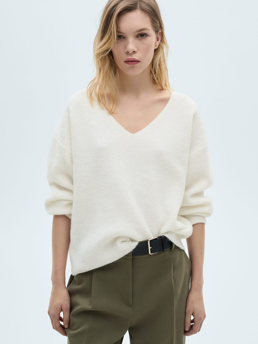 

MANGO V-Neck Ribbed Pullover, White