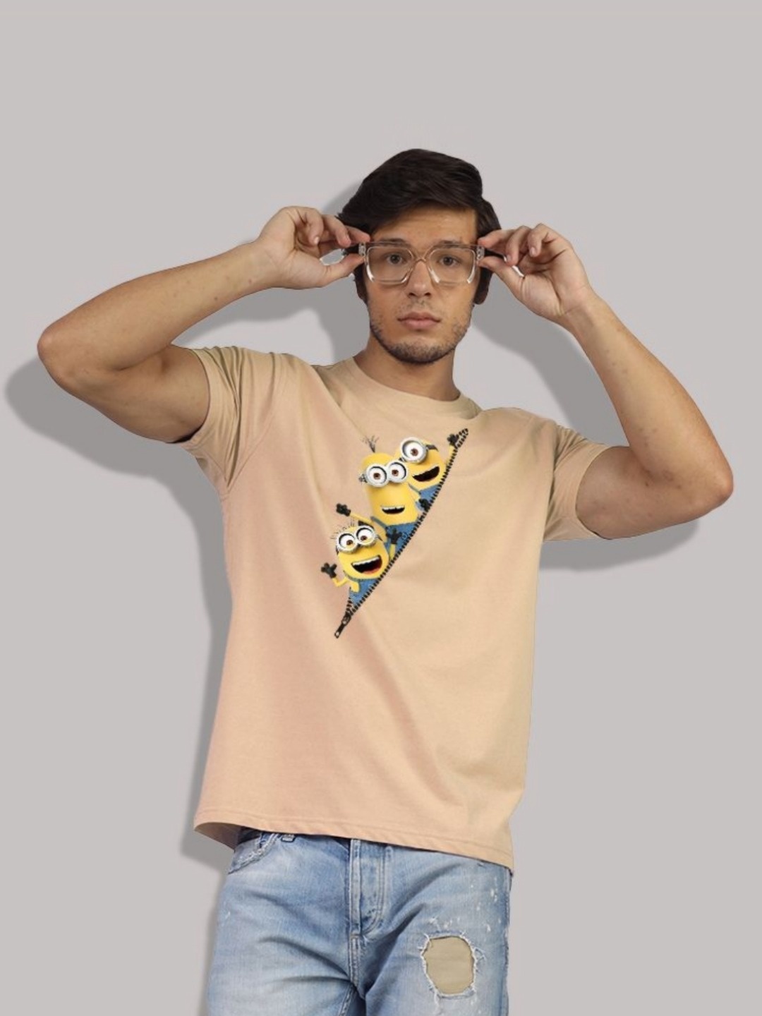 

Greylongg Men Minions Graphic Printed Round Neck Cotton T-shirt, Beige