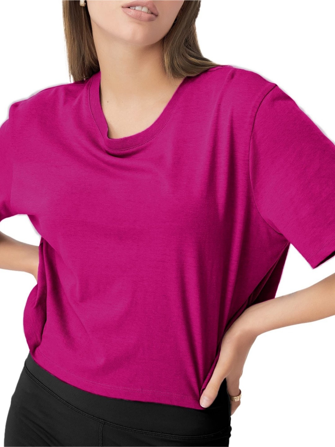 

NOTWILD Women Solid Round Neck Cotton T-shirt, Purple