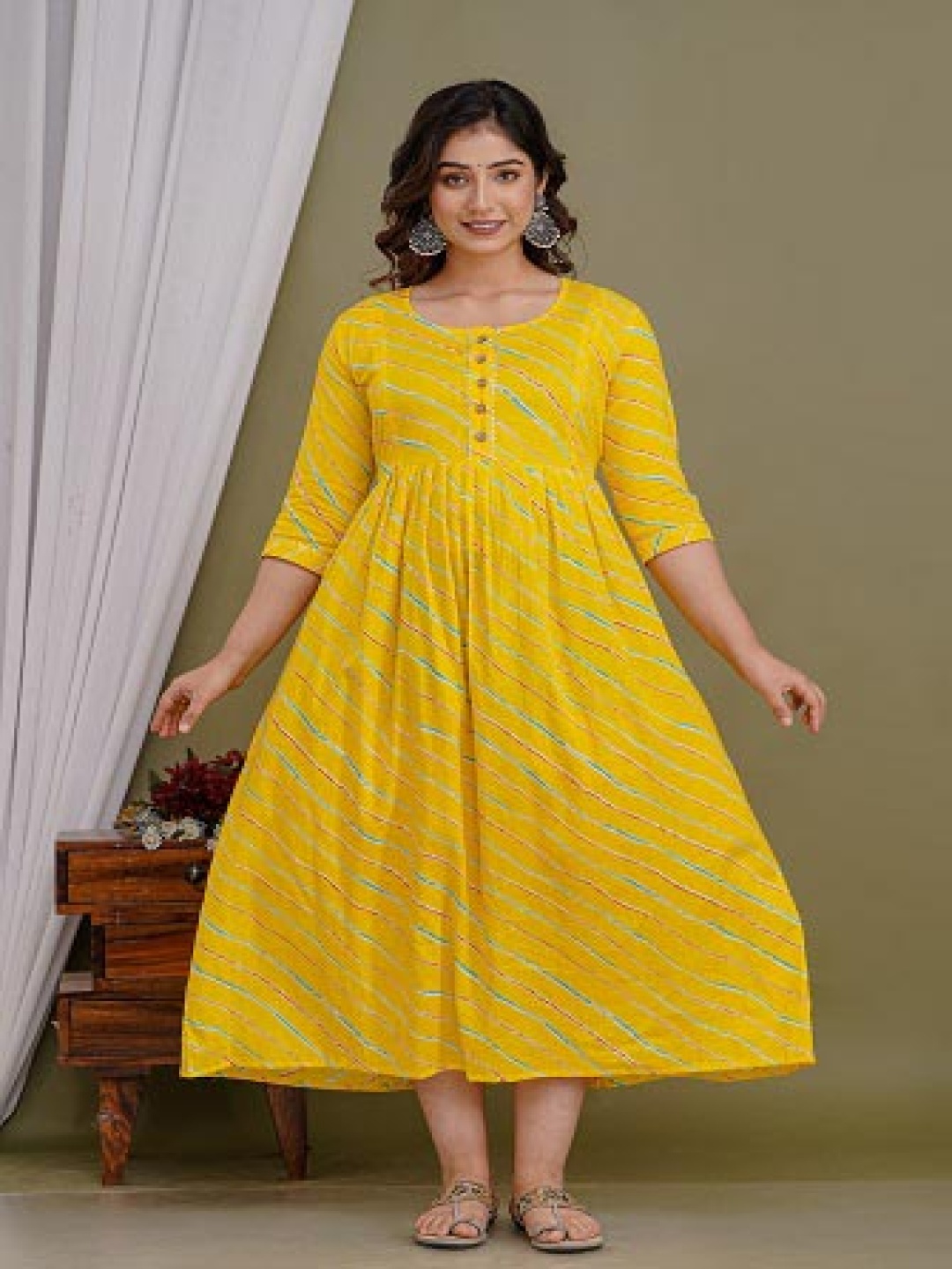 

Nevisha Style Women Floral Printed Thread Work Floral Maternity Anarkali Kurta, Yellow