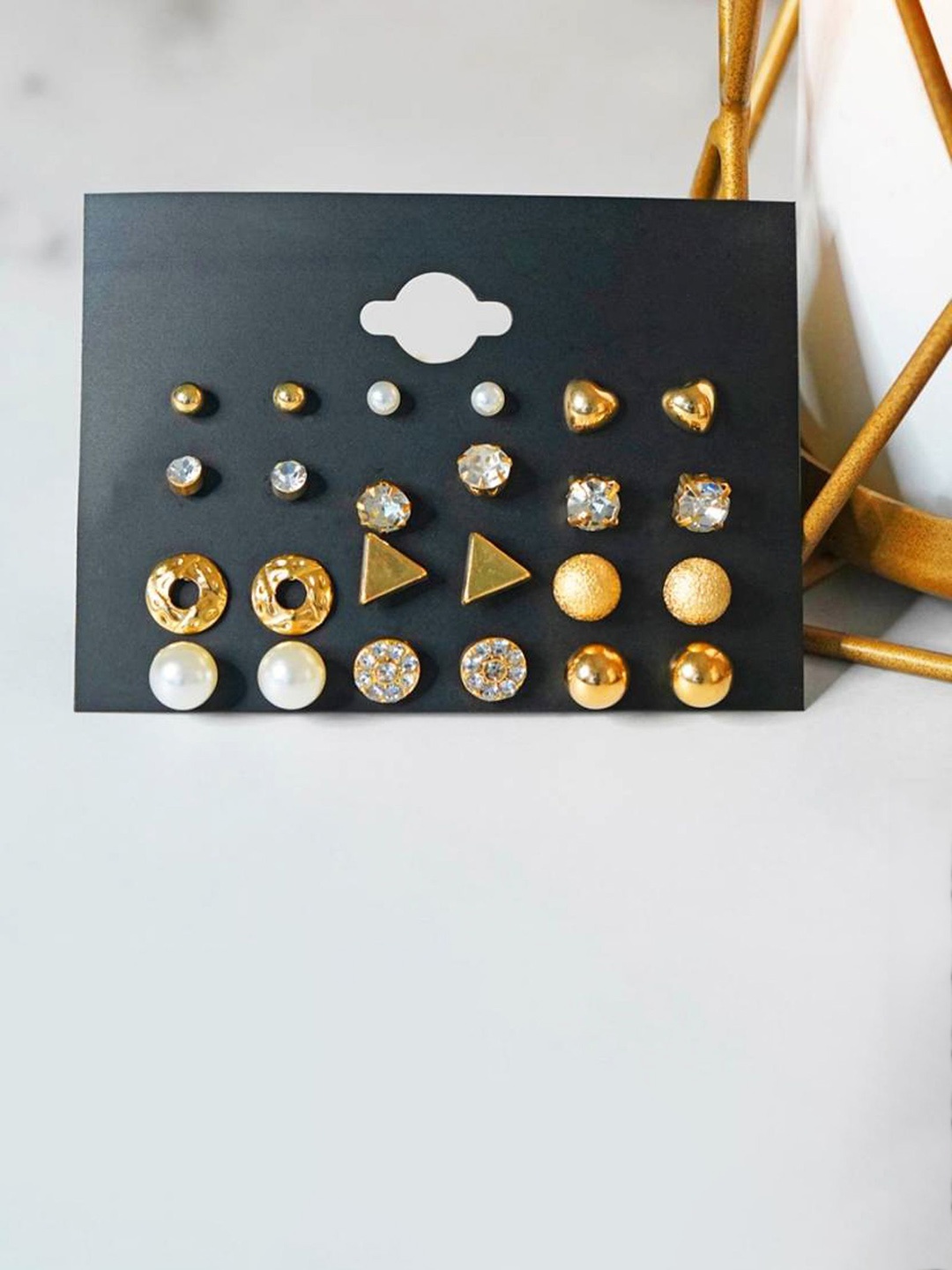 

PolluxCraft Set of 12 Gold-Plated Stones Studded And Beaded Circular Korean Studs