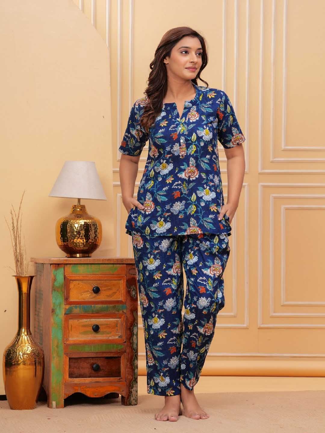 

Nevisha Style Floral Printed Notch Neck Pure Cotton Tunic And Trouser, Blue