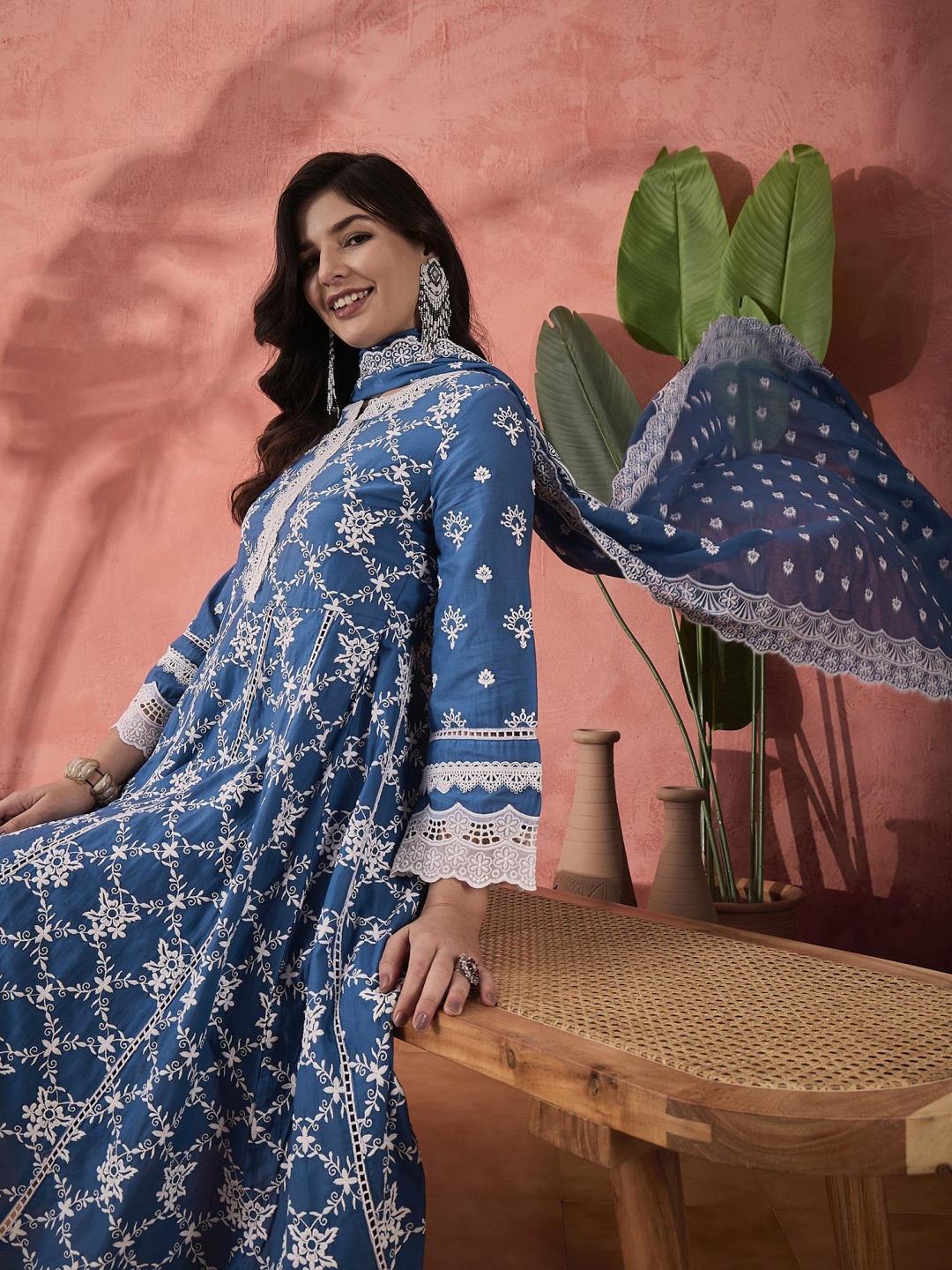 

Sangria Floral Embroidered Thread Work Pure Cotton Anarkali Kurta & Trousers With Dupatta, Blue